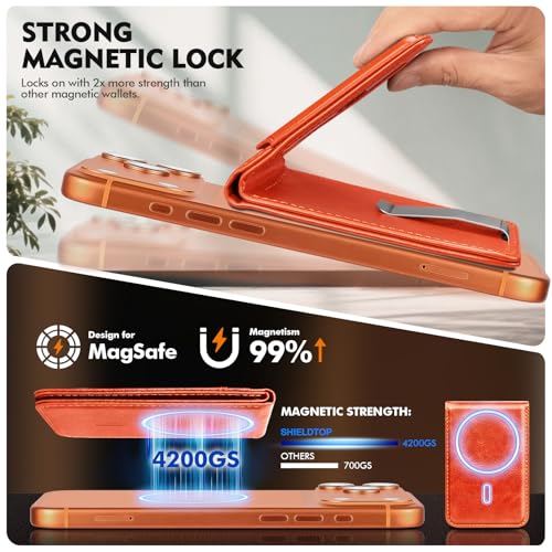 Shieldtop RFID Blocking MagSafe Wallet Stand with Card Holder,5 Card Slots & ID Window,PU Leather Magnetic Adjustable Kickstand for iPhone 12/13/14/15/16/17 Pro Max & Air Plus Series,Orange - color: Orange