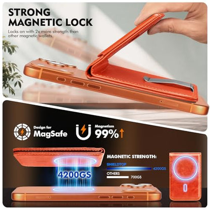 Shieldtop RFID Blocking MagSafe Wallet Stand with Card Holder,5 Card Slots & ID Window,PU Leather Magnetic Adjustable Kickstand for iPhone 12/13/14/15/16/17 Pro Max & Air Plus Series,Orange - color: Orange