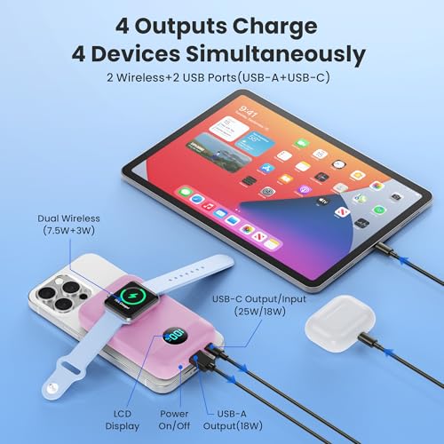 Magnetic Portable Charger for iPhone and Apple Watch, 10800mAh 25W PD Fast Charging USB C Power Bank, 4 Outputs Dual-Side Magnet Travel Essentials Battery Pack for iPhone 18/17/16/15/14/13/12, Pink - color: Pink