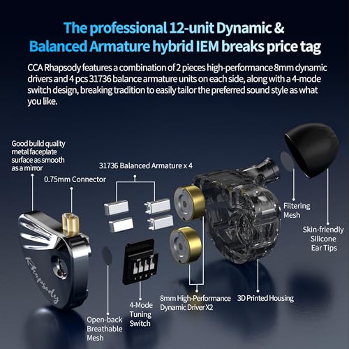 CCA Rhapsody 4-Mode Tuning Switch in-Ear Monitor Headphones, 2DD+4BA Hybrid Gaming IEM, HiFi Bass Wired Earphones for Audiophiles, Musicians & Singers - size: With Mic