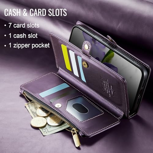 Defencase for iPhone 13 Wallet Case with RFID Blocking Card Holder, Purple | Durable Soft PU Leather, with Zipper Pocket, Wrist Strap, Fashion Snap Flip Phone Cases Cover with Stand for Women and Men - color: Purple