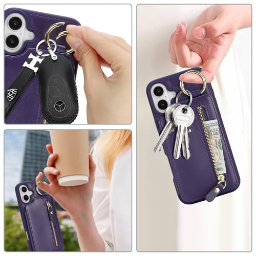 Ｈａｖａｙａ for iPhone 16 case Wallet with Card Holder for Women Men Shockproof Phone case with Keychain Ring Stand Leather Zipper Credit Card Slots-Deep Purple - color: Purple-Ring