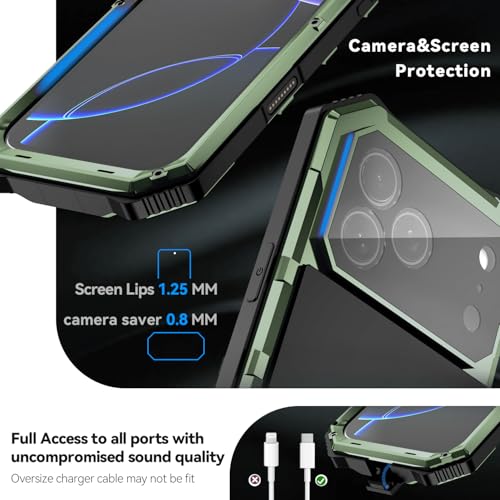 Simicoo Military Metal Heavy Duty Case Compatible with iPhone 17 Pro, Drop Protection Rugged Defender Metal Bumper Screws Phone Cover with Stand Gorilla Glass Camera Cover Full Body Dustproof Green - color: Green, size: iPhone 17 Pro