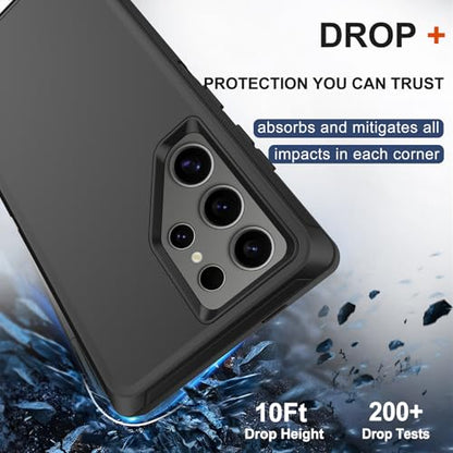 for Samsung Galaxy S24 Ultra Case with Belt Clip Holster, 2X Screen Protector, Heavy Duty Military Grade Full Body Shockproof Rugged Protective Cover for Samsung S24 Ultra 5G (Black) - color: Black