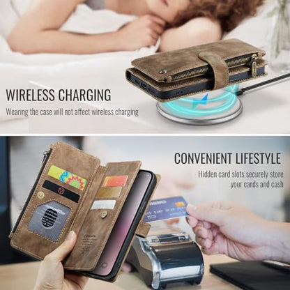 Compatible with iPhone 16e/17e Wallet Case,with Card Holder Kickstand Magnetic Zipper Pocket Lanyard Strap Wristlet,Leather Flip Case Wallet for iPhone 16e/17e 6.1 Inch(Brown) - color: Brown, size: iPhone 16E/17E 6.1 Inch
