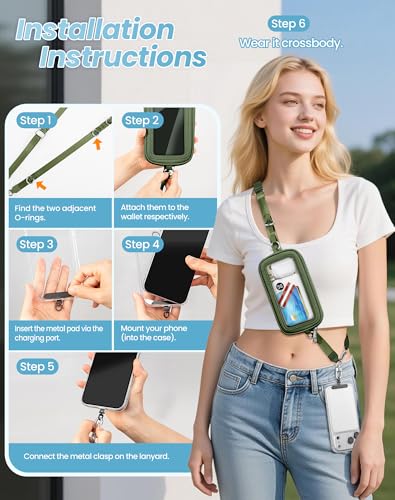 SHANSHUI Clip and Go Phone Strap Wallet Crossbody Phone Lanyard, Detachable Wristlet Strap with Zipper Phone Screen ID Window, 2 Pcs Metal Tether Pads Compatibe for iPhone & Most Smartphones Green - color: Green