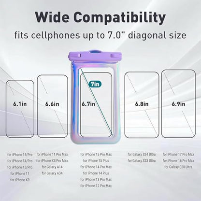 Floatable Waterproof Phone Pouch for iPhone 17 16 Pro Max/15/14/13, IP68 Travel Cellphone Dry Bag Beach Cruise Ship Essentials Bags with Crossbody Lanyard, Iridescent Purple and Pink-7″2 Pax - color: A1-Iridescent Purple and Pink