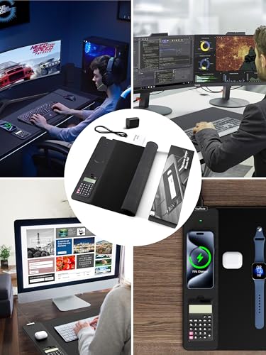 Mouse Pad with 15W Wireless Charging, Removable 8-Digit Solar Calculator - color: Calculator-31.5"x15.8"-Adapter