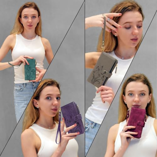 Case Wallet Compatible with iPhone 16e/17e, [12 Card Slots] ID Credit Cash Holder Zipper Pocket Detachable Leather Wallet Cover with Wrist Strap Lanyard（Floral Gray） - color: Floral Gray