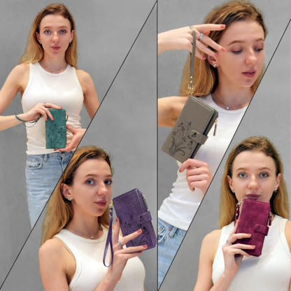 Case Wallet Compatible with iPhone 16e/17e, [12 Card Slots] ID Credit Cash Holder Zipper Pocket Detachable Leather Wallet Cover with Wrist Strap Lanyard（Floral Gray） - color: Floral Gray