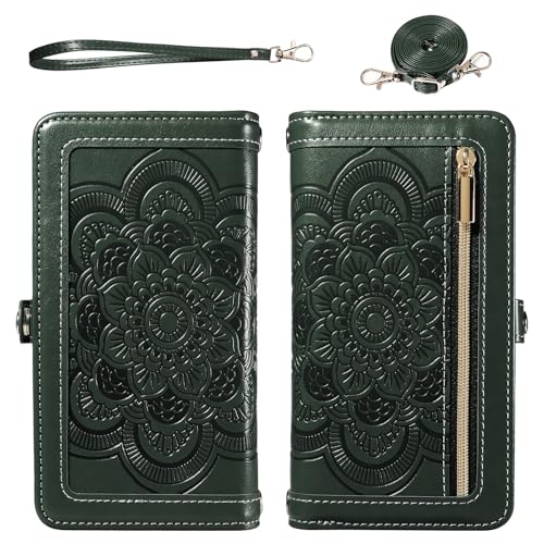 Asuwish Phone Case for iPhone 15 Pro 6.1 inch Zipper Wallet Detachable Cell Cover with Tempered Glass Screen Protector Wrist Strap Mandala Flower Card Holder i Phone15 i15 15Pro Women Men Dark Green - color: Dark Green