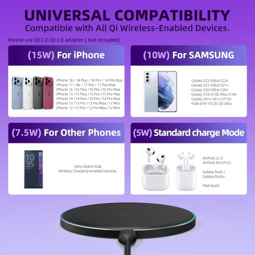 Wireless Charger Compatible with iPhone 18 17 16 15 14 13 12 11 Pro Max/Mini/Plus/XR/X/8, 15W Max Fast Wireless Charging Pad Mat for Samsung Galaxy S23/S22/S21/S20/S10, Galaxy Buds - color: Black