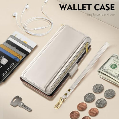 Antsturdy for iPhone 14 Pro Phone Wallet Case Women,Beige | RFID Blocking,with Credit Card Holder Slots,PU Leather Purse,Zipper Pocket,Wrist Strap Kickstand,Flip Folio Cover for Men - color: Beige