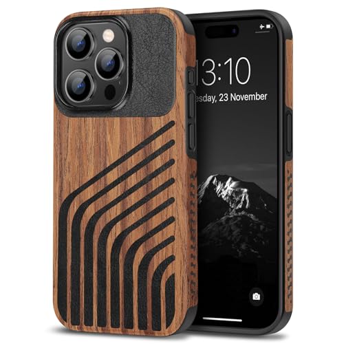 TENDLIN Compatible with iPhone 15 Pro Case Wood Grain with Carbon Fiber Texture Design Leather Hybrid Slim Case (Hairline) - color: Hairline, size: iPhone 15 Pro
