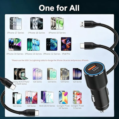 63W Car Charger USB C Super Fast Charging for iPhone Air/17/17 Pro/17 Pro Max/17e/16/16Pro/16e/15/15Pro/iPad Pro 13/12.9/11/Air/Mini Dual Port 12V Cigarette Lighter Adapter Plug+Carplay Cable 3ft 4ft