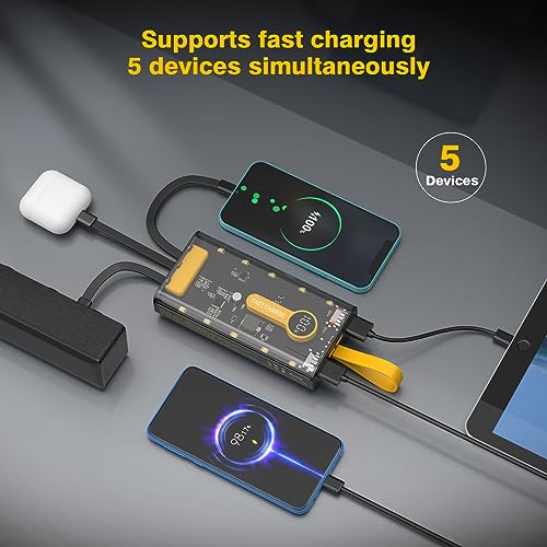 Portable Charger 10000mAh,22.5W Fast Charging Power Bank with Built in Cables,Transparent External Battery Pack with Flashlight,USB C in&out Portable Phone Charger for iPhone Samsung Android Cellphone - color: Transparent+Black