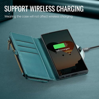 Defencase for Samsung Galaxy S26 Ultra Wallet Case with Card Holder, Green | with RFID Blocking Zipper Pocket, Durable PU Leather, Wrist Strap, S26 Ultra Flip Phone Cases Cover with Stand for Women Men - color: Blue Green