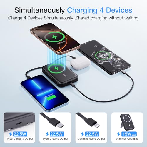 16800mAh Magnetic Power Bank with Built-in Cables for iPhone Series | MagSafe Portable Charger LED Display Wireless Charger Travel Essential Battery Pack for iPhone 17/16/15/14/13/12 Andriod