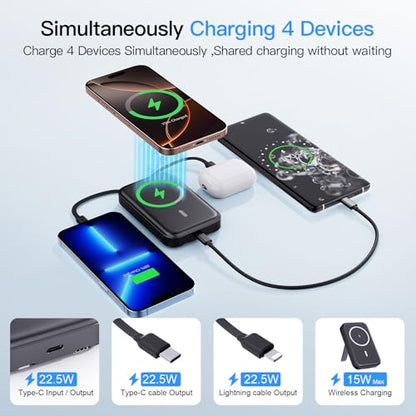 16800mAh Magnetic Power Bank with Built-in Cables for iPhone Series | MagSafe Portable Charger LED Display Wireless Charger Travel Essential Battery Pack for iPhone 17/16/15/14/13/12 Andriod