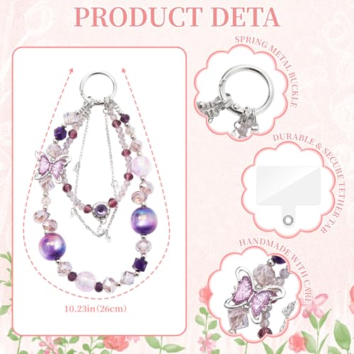WOZEAH Phone Charm for Women, Beaded Wrist Strap Lanyard with Tether Tab – Anti-Theft Hands-Free Detachable Phone Chain Wristlet - color: DarkPurple Butterfly