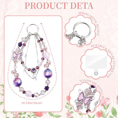WOZEAH Phone Charm for Women, Beaded Wrist Strap Lanyard with Tether Tab – Anti-Theft Hands-Free Detachable Phone Chain Wristlet - color: DarkPurple Butterfly