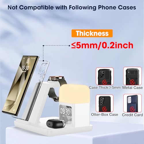 Wireless Charger for Samsung/Android, 6 in 1 Phone Nightstand Charging Station Charger with Alarm Clock/Night Light for Samsung S26/S25/S24 Ultra/Buds4,Watch Charger for Galaxy Watch 8/7/6/5 - color: Pearl