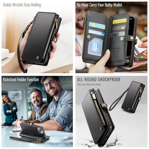 Defencase for iPhone 14 Wallet Case with RFID Blocking Card Holder, Black | Durable Soft PU Leather, with Zipper Pocket, Wrist Strap, Fashion Snap Flip Phone Cases Cover with Stand for Women and Men - color: Black