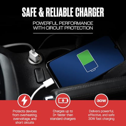 30W Dual-Port Cigarette Lighter USB Charger for iPhone & Samsung, USB-C & A