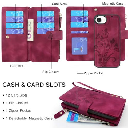 Case Wallet Compatible with iPhone 16e/17e, [12 Card Slots] ID Credit Cash Holder Zipper Pocket Detachable Leather Wallet Cover with Wrist Strap Lanyard（Floral Wine Red） - color: Floral Wine Red
