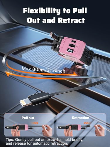 Retractable Car Charger with Retractable Cable (31.5 inch), 4 in 1 Super Fast Car Phone Charger, 2 USB Ports Adapter, Compatible with iPhone 15 14 13 12 11 Pro Max, iPad, Pixel - color: Pink