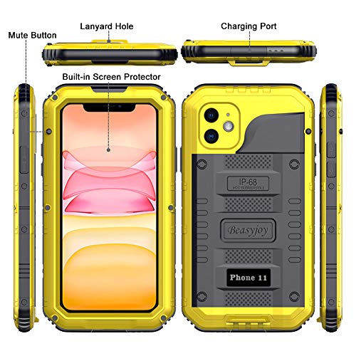 Beasyjoy Waterproof iPhone 11 Case - Metal Military Grade Defender with Built-in Screen Protector, Heavy Duty Rugged Shockproof Underwater Case (Yellow) - color: Yellow, size: iPhone 11