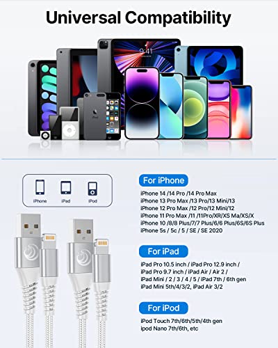 iPhone Charger [Apple MFi Certified] 2Pack 10FT Long Lightning Cable Fast Charging Nylon Braided USB Cable iPhone Charger Cord Compatible with iPhone 14 13 12 11 Pro Max XR XS X 8 7 6 Plus SE, iPad - color: White