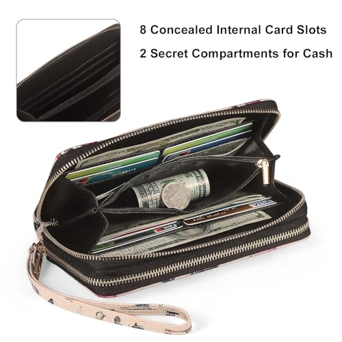 RFID Wallet for Women with Cellphone Pocket - Double Zipper Wristlet Purse Large Capacity, 17 Card Slots, Coin Pocket, ID Window, Effel Tower Flower - color: Beige Tower