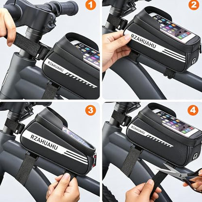 Bike/Bicycle Phone Holder Bag, Bicycle Front Frame Bag, Waterproof Tube Bag, Bike Accessories, Cycling Pouch with TPU Touch-Screen& Sun-Visor Compatible Phone Under 6.5” (Black) - color: Black
