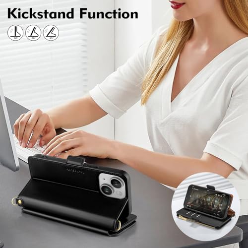 Antsturdy Compatible with iPhone 14 Wallet Case Women Men,RFID Blocking PU Leather Crossbody Phone Case Zipper with Wrist Strap Flip Protective Cover Credit Card Holder for Apple 14 6.1",Black | RFID Blocking,PU Leather Flip Cover,Kickstand,with Credit Ca