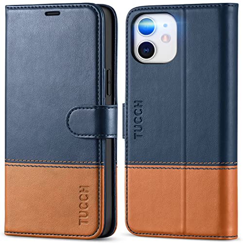 TUCCH Wallet Case for iPhone 12 Pro/12 (6.1"), 3 Card Slots, Blue & Brown | RFID Blocking, Viewing Stand, Shockproof TPU Shell, PU Leather, Magnetic Closure, Protective Folio Flip Cover - color: Dark Blue & Brown