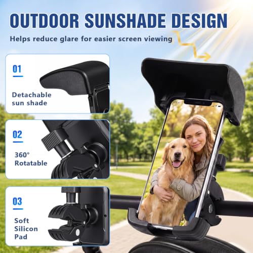 Knee Scooter Phone Holder with Sunshade, 360° Mount for Wheelchair & Walker