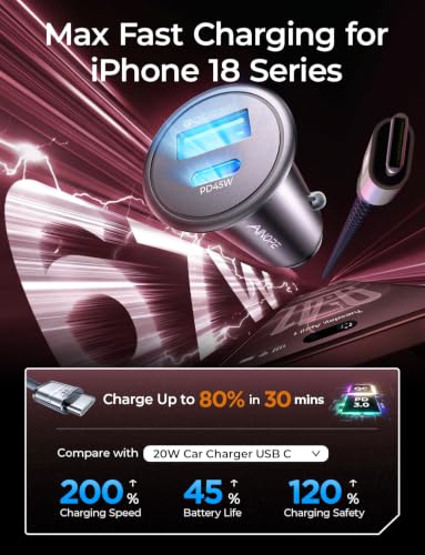 AINOPE 67.5W Car Charger USB C Fast Charge, iPhone 18 pro max Charger - color: Black - 3.3FT
