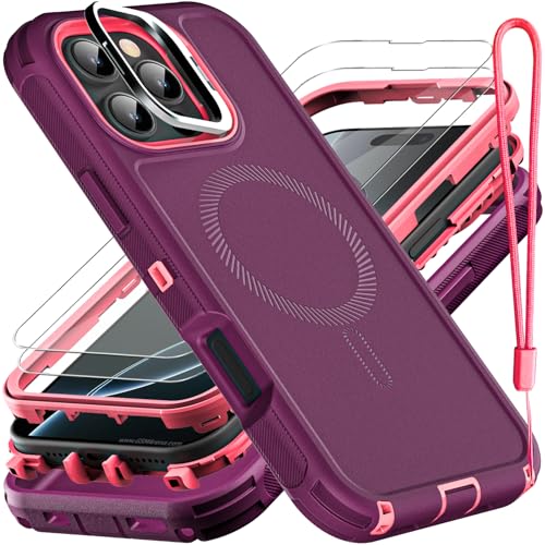 YKHJKLEC for iPhone 16 Pro Case, Military Grade 3 in 1 Heavy Duty Shockproof/Drop Proof/Dust Proof with Kickstand Case, with 2 x Tempered Glass Screen Protector & 1 x Wrist Strap (ZJ-Purple/Pink) - color: ZJ-Purple/Pink
