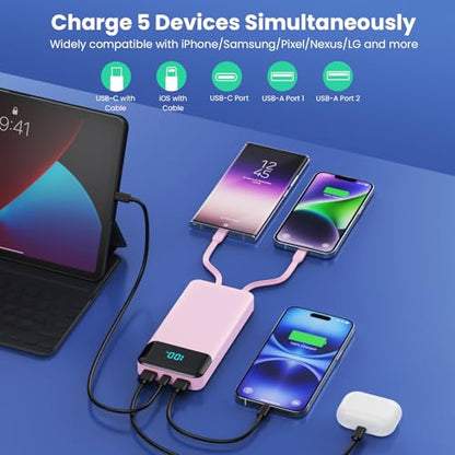 Portable Charger 40800mAh Power Bank,Built-in Cables,25W Fast Charging - color: Pink