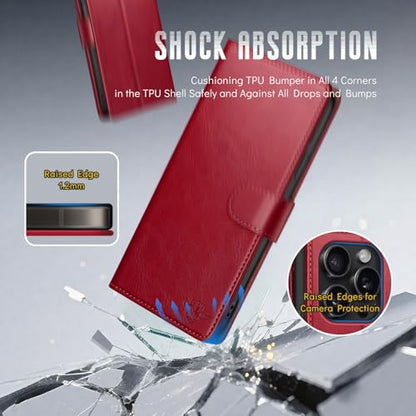 Wallet Case for iPhone 15 Pro Max 6.7", Red | RFID-Blocking Card Holder, Kickstand, Magnetic Closure, PU Leather Folio Flip Cover, Protective Women Men Cases - color: Red, size: iPhone 15 Pro Max