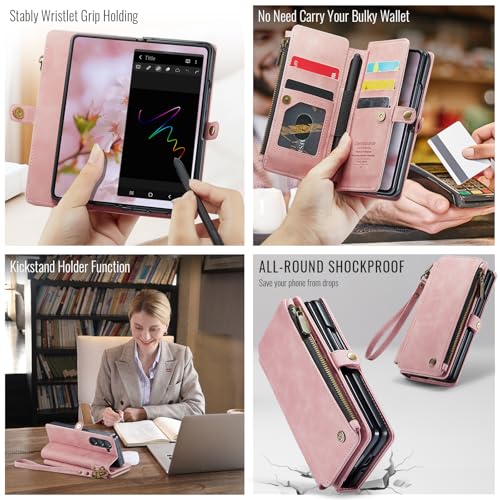 Defencase for Samsung Galaxy Z Fold 6 Wallet Case with Card Holder, Pink | Durable Soft PU Leather, RFID Blcking Zipper Pocket, with S-Pen Holder & Strap, Flip Phone Cases with Stand for Women Men - color: Airy Rose Pink