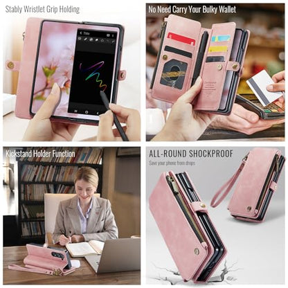 Defencase for Samsung Galaxy Z Fold 6 Wallet Case with Card Holder, Pink | Durable Soft PU Leather, RFID Blcking Zipper Pocket, with S-Pen Holder & Strap, Flip Phone Cases with Stand for Women Men - color: Airy Rose Pink
