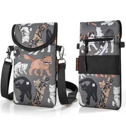 Neoprene Phone Sleeve Pouch Case Bag for Men Women w/Crossbody Strap/Neck Lanyard for iPhone 17/16/15/14 Pro Max, Samsung S25，Pixel 10 - color: Gray-bottomed Cat