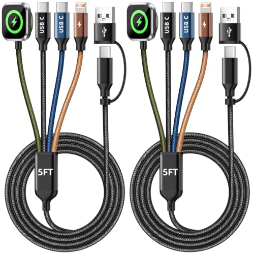 Travel Essentials 4 in 2 Multi Charging Cable for iWatch Charger 2Pack,5FT - color: Black&Green&Coffee, size: AC to 2C+L+iWatch