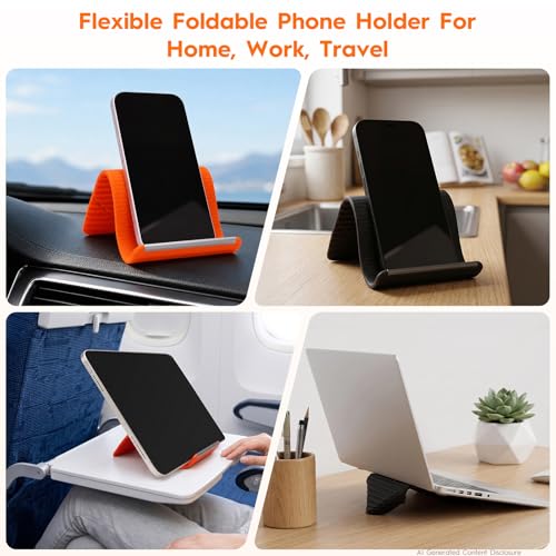 2 Pack Adjustable Foldable Silicone Phone Stand, Universal Bendable Cell Phone Tablet Holder, Portable Anti-Slip Desk Bed Phone Mount for Travel Home Office(Orange/Black) - color: Mixed
