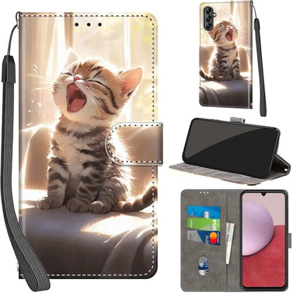Case Wallet for Samsung Galaxy A14 5G, Cat | Kickstand, 3 Card Holder, Shockproof TPU Interior Shell, PU Leather, Magnetic Flip Cover, Lanyard Strap - color: Pic:05