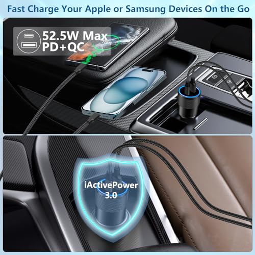 Apple MFi Certified iPhone Car Charger, 52.5W PD/QC3.0 USB-C Car Charger - color: Charcoal Black