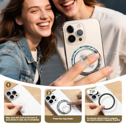 Silver Magnetic Phone Ring,Transparent Strong Magnet Phone Grip Holder,360°Adjustable & Removable Clear Golden Laser Design Diamond Ring for Phones & Tablets - color: Clear Silver Golden Diamond Laser