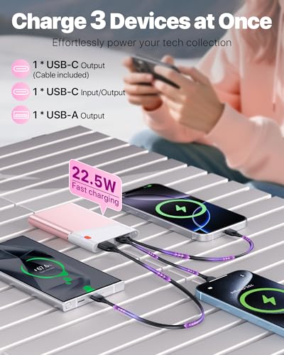 Aaoyun Portable Charger Power Bank, 10000mAh 22.5W PD Fast Charging Powerbank with Built-in USB C Cable, Slim External Phone Battery Pack for iPhone 17/16/15 Samsung S24 Android etc (Pink) - color: Pink